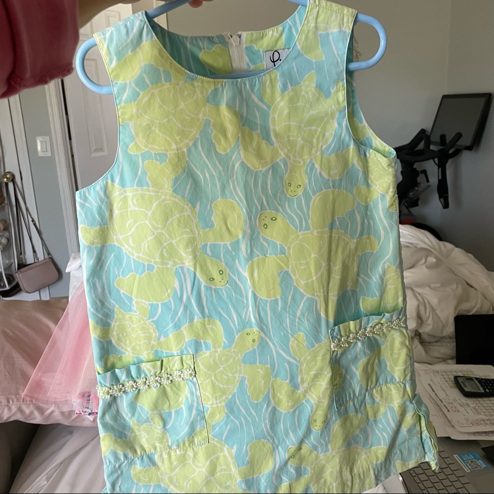 Lilly Pulitzer Girls Turtle Print Dress Green Blue Pastel Size 6 Floral Detail